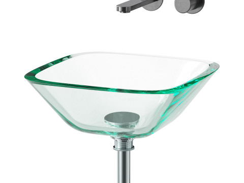 Square Glass Bathroom Vessel Sink with Drain Mini Bath Bowl 3D Model