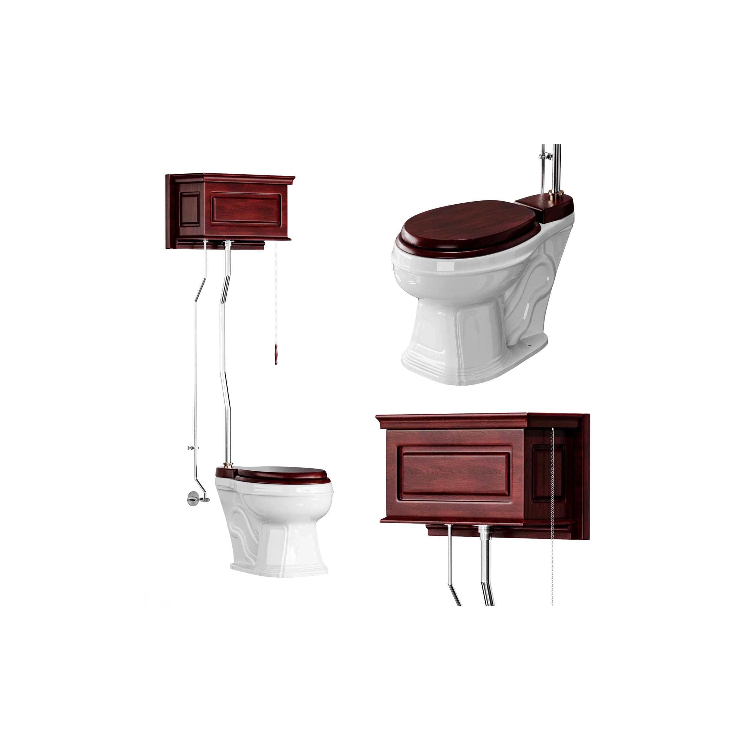 Cuvette ronde en bois de cuvette de toilette &agrave; cha&icirc;ne de traction &agrave; r&eacute;servoir haut en ch&ecirc;ne fonc&eacute; Modèle 3D .c4d .max .obj .3ds .fbx .stl .blend 