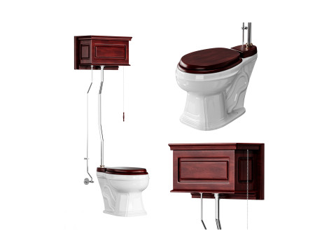 Dark Oak High Tank Pull Chain Toilet Wooden Tank Round Bowl 3D Model