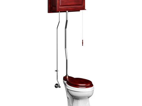Cuvette ronde en bois de cuvette de toilette &agrave; cha&icirc;ne de traction &agrave; r&eacute;servoir haut en ch&ecirc;ne fonc&eacute; Modèle 3D