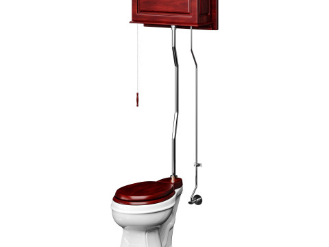 Dark Oak High Tank Pull Chain Toilet Wooden Tank Round Bowl 3D Модель