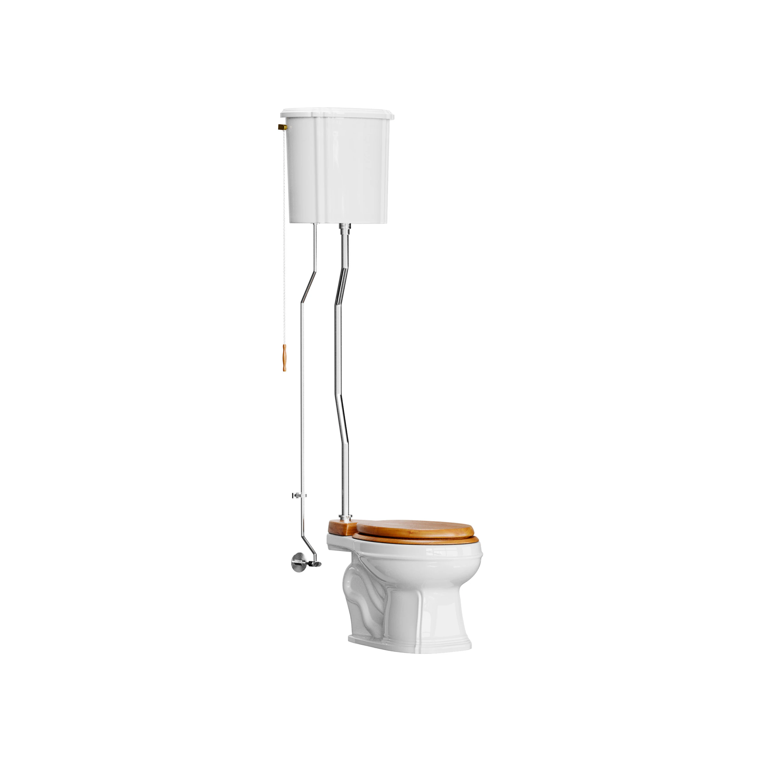 White High Tank Toilet with Round Bowl Chrome Plate Z-Pipe 3D Model .c4d .max .obj .3ds .fbx .stl .blend 