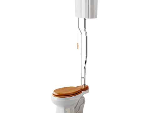 White High Tank Toilet with Round Bowl Chrome Plate Z-Pipe 3D Model