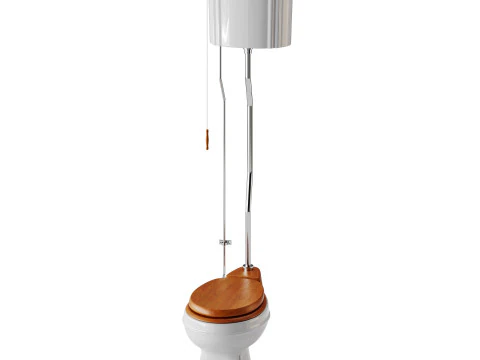 White High Tank Toilet with Round Bowl Chrome Plate Z-Pipe 3D Model
