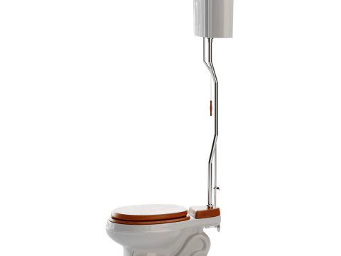 White High Tank Toilet with Round Bowl Chrome Plate Z-Pipe 3D Model