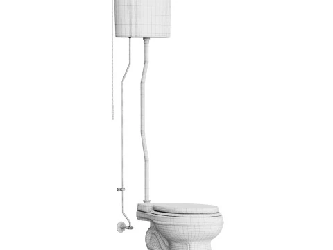 White High Tank Toilet with Round Bowl Chrome Plate Z-Pipe 3D Model