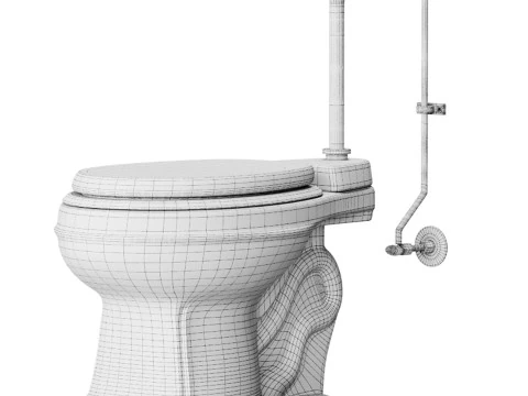 White High Tank Toilet with Round Bowl Chrome Plate Z-Pipe 3D Model