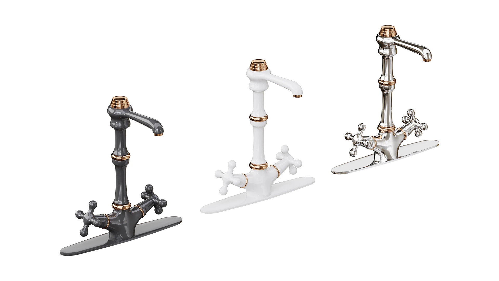 Kitchen Faucet Vintage White Cross 2 Handles Single Hole 3D Model .c4d .max .obj .3ds .fbx .stl .blend
