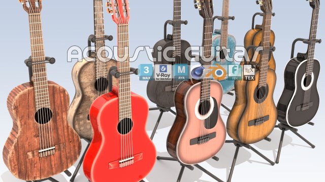 Acoustic Guitar 3D Model .c4d .max .obj .3ds .fbx .stl .blend 