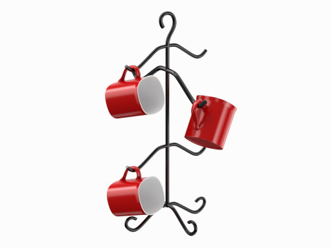 Mug Tree Stand With Red Mugs 3D Model