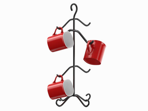 Mug Tree Stand With Red Mugs 3D Model