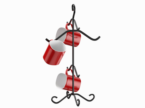 Mug Tree Stand With Red Mugs 3D Model
