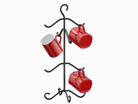 Mug Tree Stand With Red Mugs 3D Model