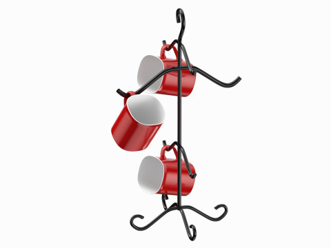 Mug Tree Stand With Red Mugs 3D Model