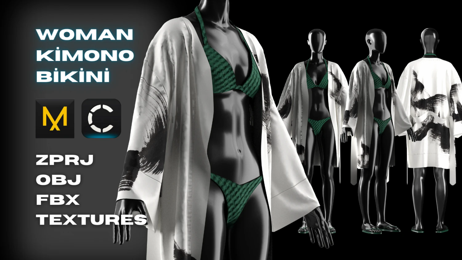 Kimono and Bikini Modeling in Clo3D - Marvelous Designer 3D Model .c4d .max .obj .3ds .fbx .stl .blend