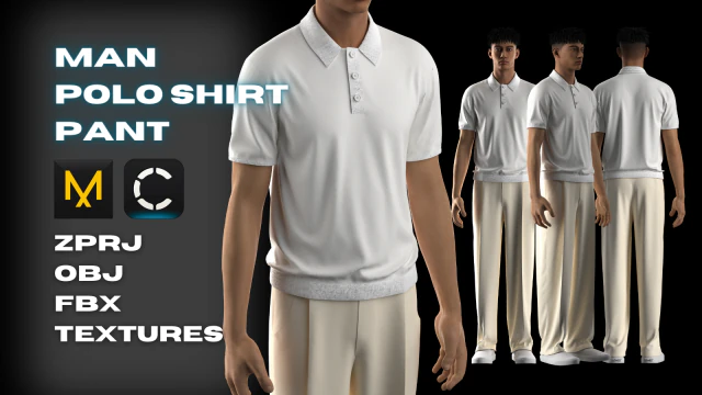 Camiseta Polo Masculina Cal&ccedil;a Modelagem em Clo3D - Marvelous Designer Modelo 3D .c4d .max .obj .3ds .fbx .stl .blend 