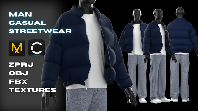 Man Casual Streetwear Modeling in in Clo3D Marvelous Designer Puffer Jacket Denim Long Sleeve 3D in 3DExport