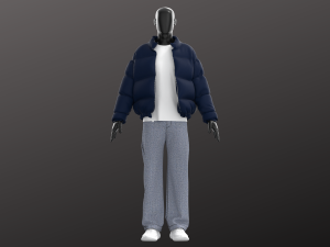 Man Casual Streetwear Modeling in in Clo3D - Marvelous Designer - Puffer Jacket Denim Long Sleeve Modelo 3D