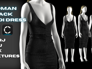 Woman Midi Black Shirred Dress Modeling in Clo3D - Mervelous Designer Modelo 3D