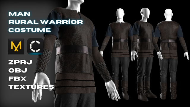 Man Rural Warrior Costume Modeling in Clo3D - Marvelous Designer Model 3D .c4d .max .obj .3ds .fbx .stl .blend 