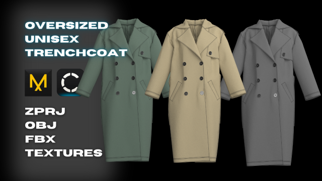 Oversized Unisex Trenchcoat Set Modeling in Clo3D - Marvelous Designer Model 3D .c4d .max .obj .3ds .fbx .stl .blend 