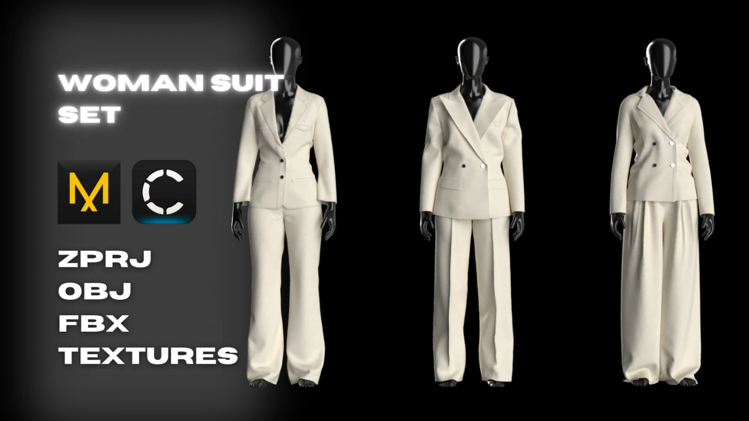 Woman Suit Set Modeling in Clo3D Marvelous Designer - 3 Suit - 6 Pieces 3D Model .c4d .max .obj .3ds .fbx .stl .blend 