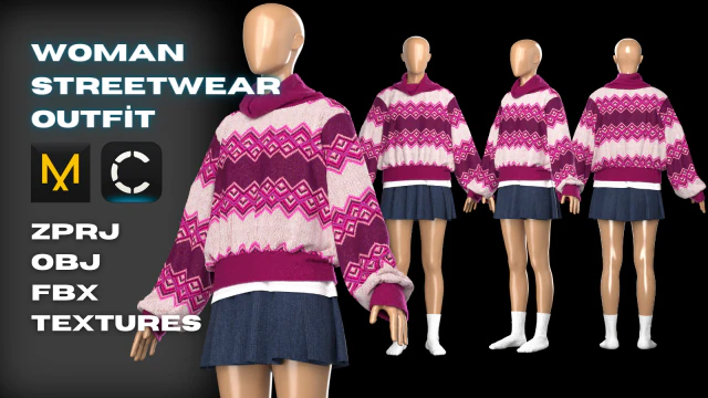 Modelagem Mulher Streetwear em Clo3D - Marvelous Designer Modelo 3D .c4d .max .obj .3ds .fbx .stl .blend