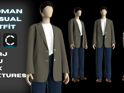 Woman Casual Streetwear Outfit Modeling in in Clo3D - Marvelous Designer - Blazer Jacket Denim 3D Model