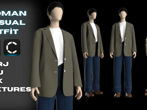 Roupa feminina casual streetwear modelada em Clo3D - Marvelous Designer - Blazer Jacket Denim Modelo 3D