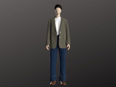 Woman Casual Streetwear Outfit Modeling in in Clo3D - Marvelous Designer - Blazer Jacket Denim 3D 模型