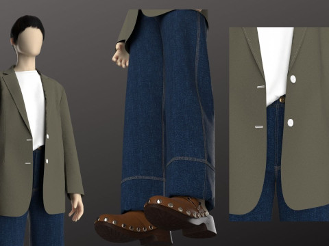 Woman Casual Streetwear Outfit Modeling in in Clo3D - Marvelous Designer - Blazer Jacket Denim 3D 模型