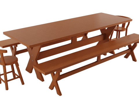 Rustic Dining Table with Benches for Indoor and Outdoor Use Modèle 3D