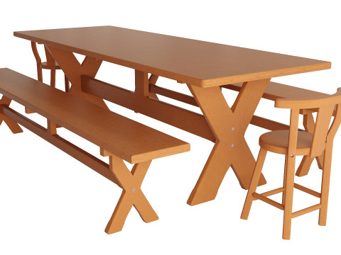 Rustic Dining Table with Benches for Indoor and Outdoor Use Modèle 3D