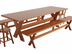 A table with four benches and a tablecloth 3D Model
