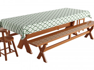 A table with four benches and a tablecloth 3D Model