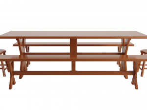 A table with four benches and a tablecloth 3D Model