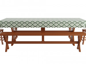 A table with four benches and a tablecloth 3D Model