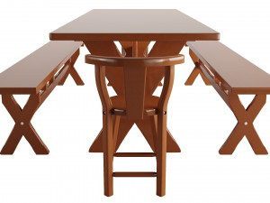 A table with four benches and a tablecloth 3D Model