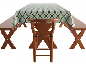 A table with four benches and a tablecloth 3D Model