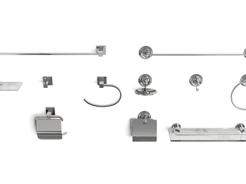 Complete Bathroom Accessories Collection with Round and Square Chrome Sets 3D Model