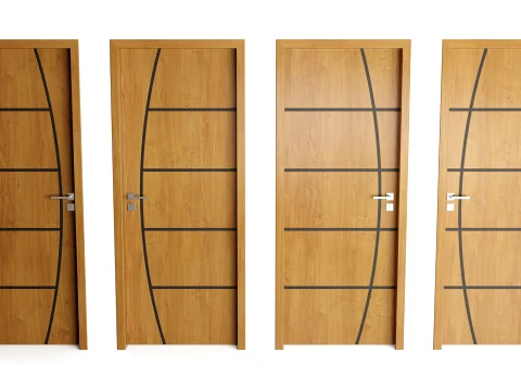 Modern Wood Doors Set with Curved and Straight Line Inlay 3D Model