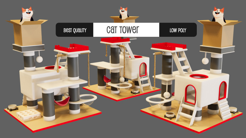 Cat Tower - Low Poly Design with Aesthetic Look 3D 模型 .c4d .max .obj .3ds .fbx .stl .blend 