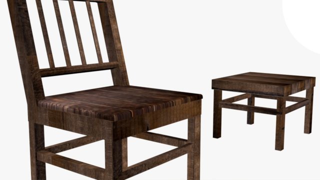 Old Wooden chair with table Model 3D .c4d .max .obj .3ds .fbx .stl .blend