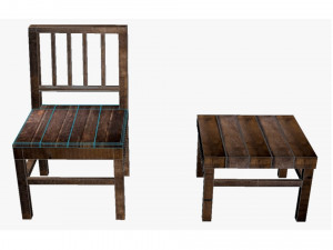 Old Wooden chair with table Model 3D