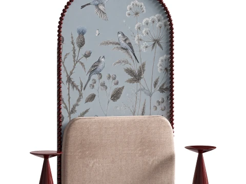 Arched headboard with bird print and tables 3D Model