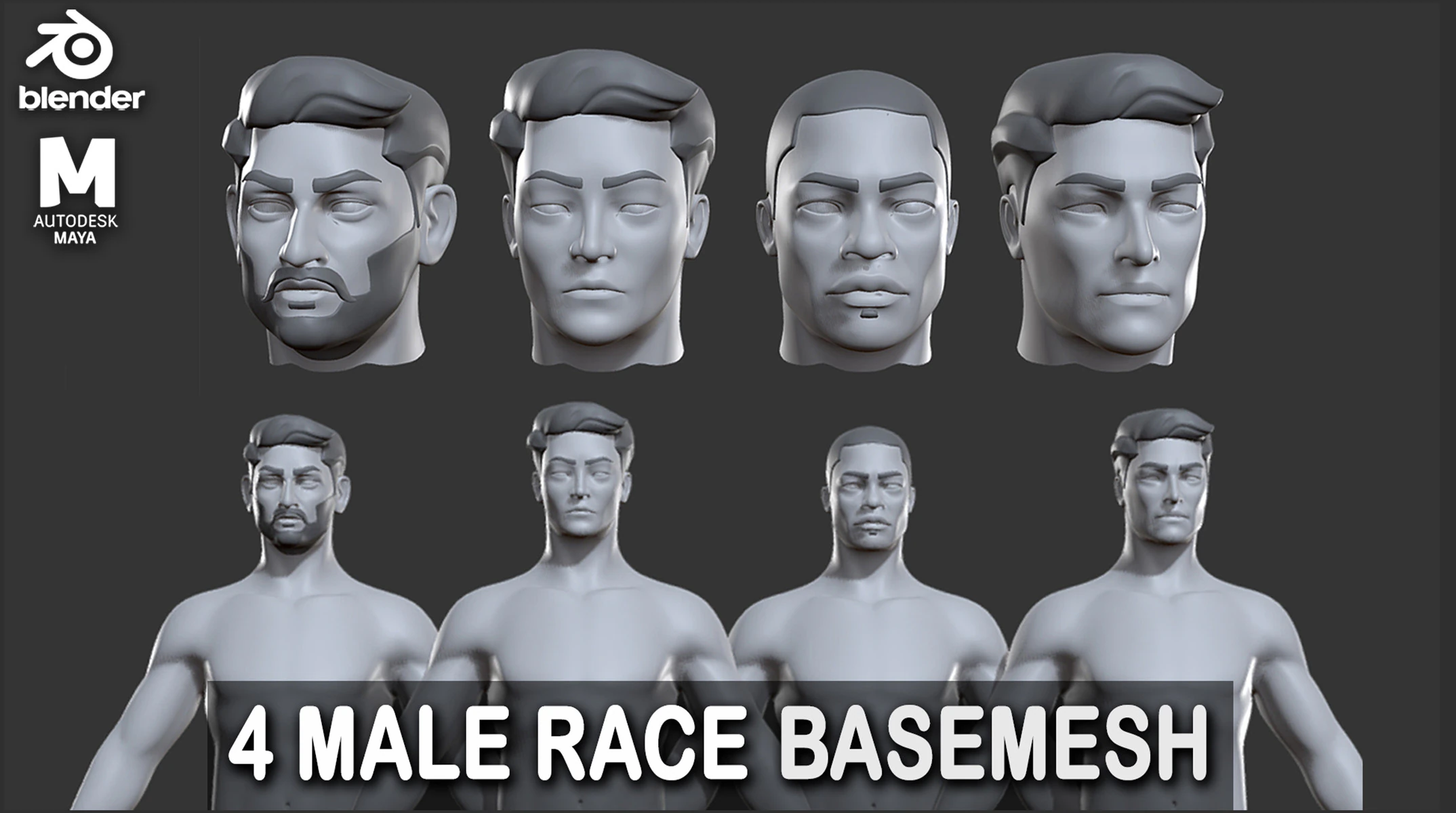4 Male Races - Topology UV map 3D Model .c4d .max .obj .3ds .fbx .stl .blend 