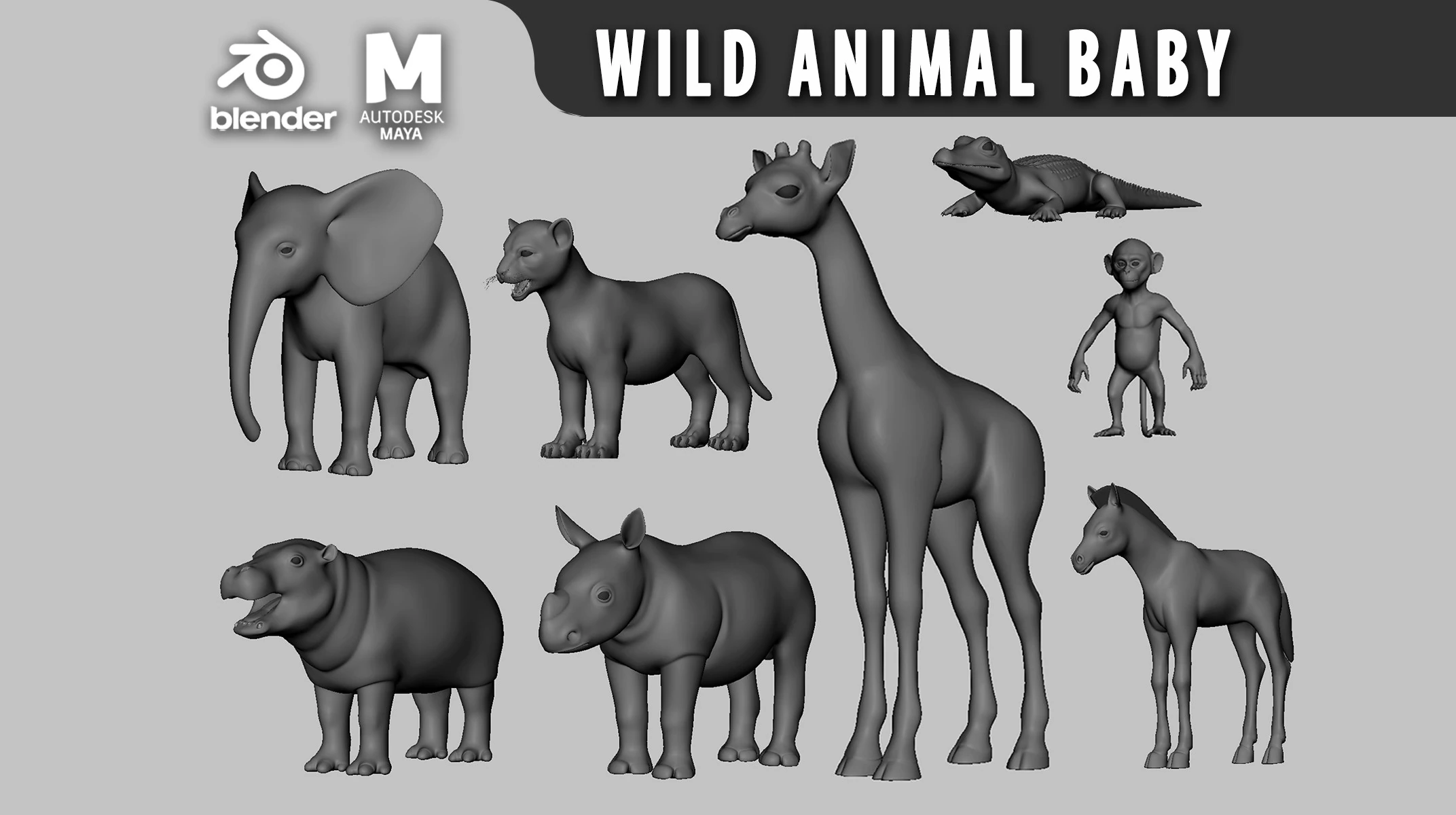 Beb&eacute; animal salvaje - Topolog&iacute;a Mapa UV Modelo 3D .c4d .max .obj .3ds .fbx .stl .blend 