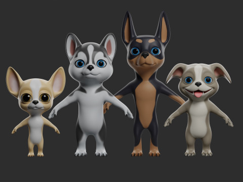 Cartoon Dog Pack - Topology UV map Modelo 3D