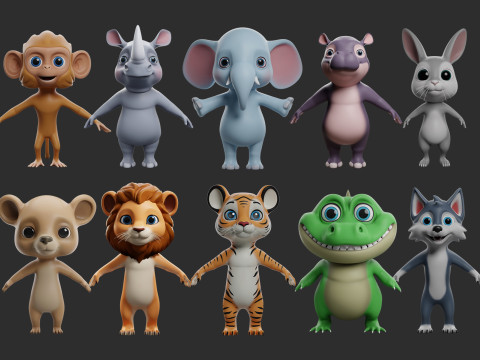 10 Wild Animals Cartoon - Topology Uv Map 3D Model