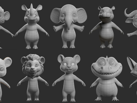 10 Wild Animals Cartoon - Topology Uv Map 3D Modell